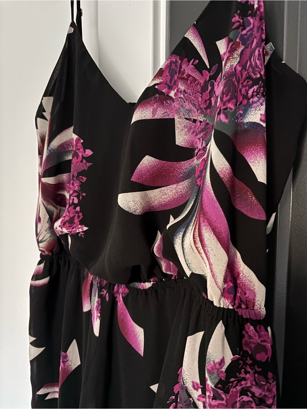 GUESS Black Floral Midi Dress with Fuchsia and Cream Accents